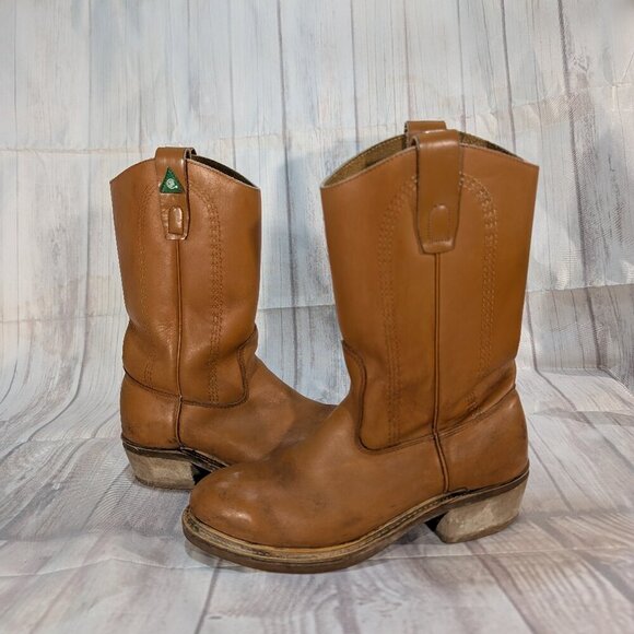 Vintage Tan Leather Safety Toe Pull-On Cowboy Boots with Vibram Soles - Picture 11 of 13